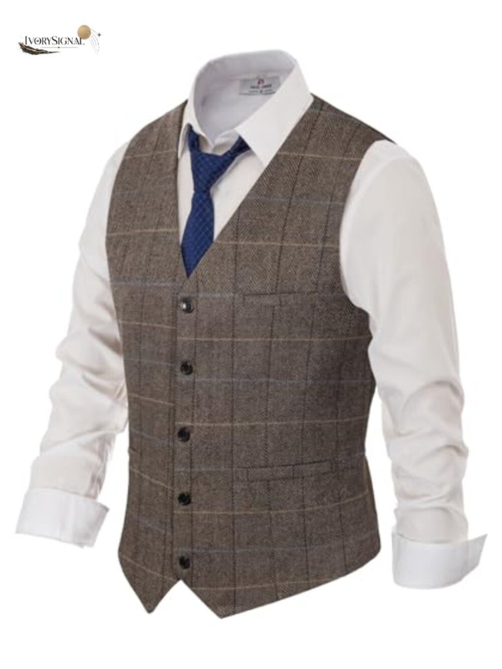 Mens Wool Blend Tweed Herringbone Suit Vest V-Neck Single Breasted Waistcoat